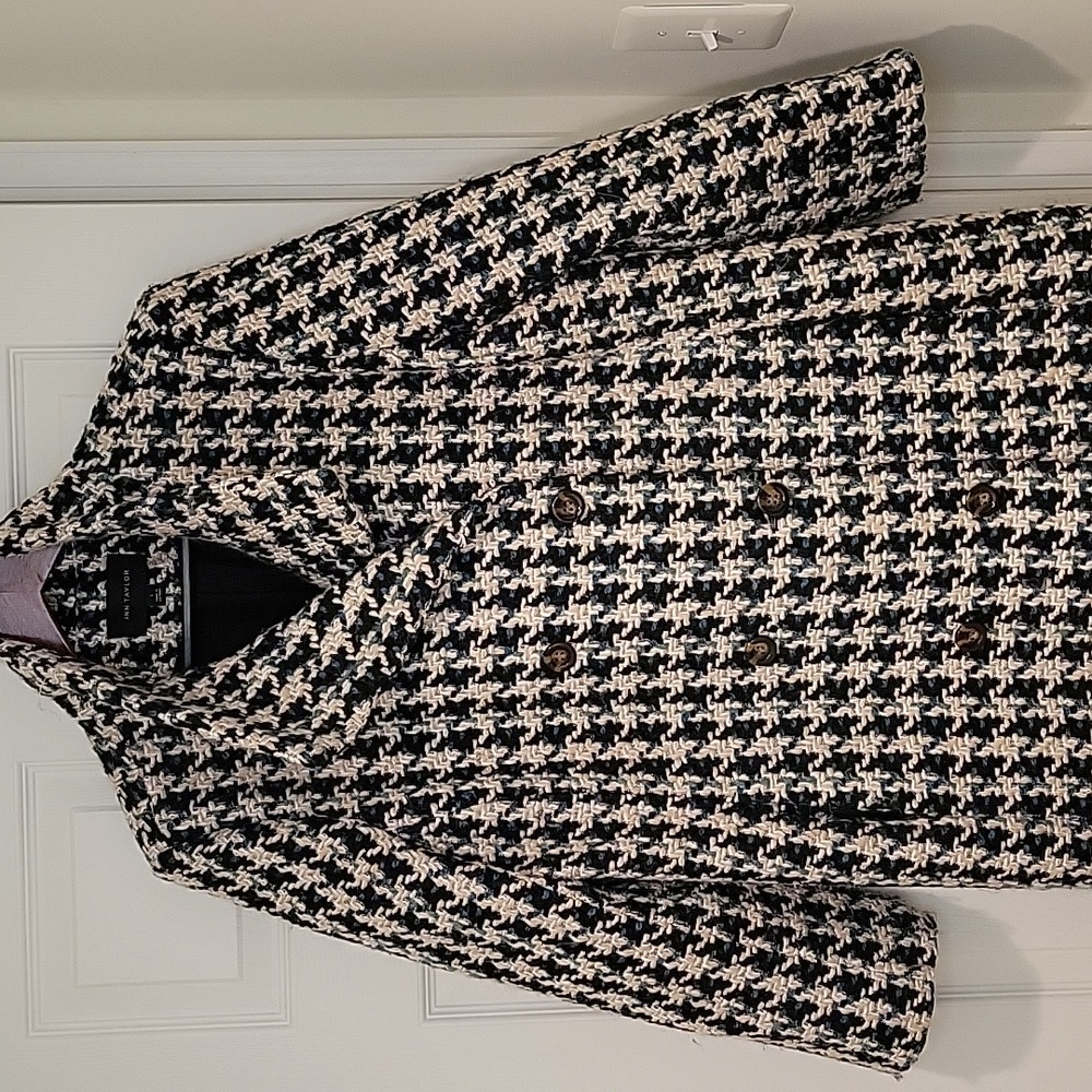 ANN TAYLOR Teal-Blk-Cream Tweed Houndstooth Coat- LIKE NEW - Picture 2 of 9